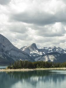 Preview wallpaper mountains, snow, trees, lake, island