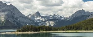 Preview wallpaper mountains, snow, trees, lake, island