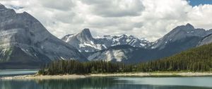 Preview wallpaper mountains, snow, trees, lake, island