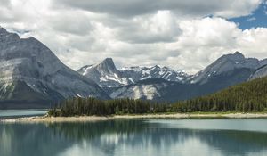 Preview wallpaper mountains, snow, trees, lake, island