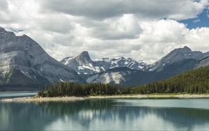 Preview wallpaper mountains, snow, trees, lake, island