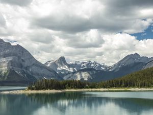 Preview wallpaper mountains, snow, trees, lake, island