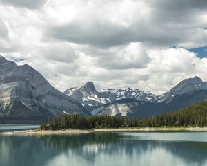 Preview wallpaper mountains, snow, trees, lake, island