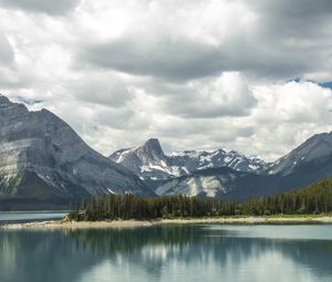 Preview wallpaper mountains, snow, trees, lake, island