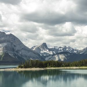 Preview wallpaper mountains, snow, trees, lake, island