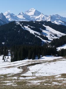 Preview wallpaper mountains, snow, trees, landscape, valley