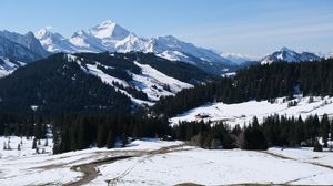 Preview wallpaper mountains, snow, trees, landscape, valley