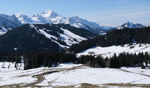 Preview wallpaper mountains, snow, trees, landscape, valley