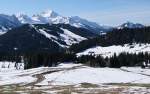 Preview wallpaper mountains, snow, trees, landscape, valley