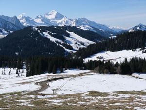 Preview wallpaper mountains, snow, trees, landscape, valley