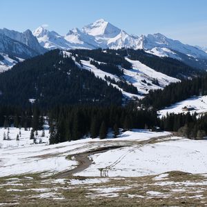 Preview wallpaper mountains, snow, trees, landscape, valley