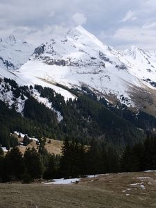 Preview wallpaper mountains, snow, trees, slopes, hills, valley, landscape