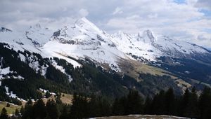 Preview wallpaper mountains, snow, trees, slopes, hills, valley, landscape