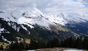 Preview wallpaper mountains, snow, trees, slopes, hills, valley, landscape