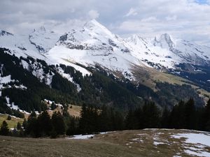 Preview wallpaper mountains, snow, trees, slopes, hills, valley, landscape