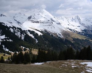 Preview wallpaper mountains, snow, trees, slopes, hills, valley, landscape