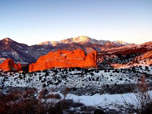 Preview wallpaper mountains, snow, vegetation, illumination, sun, shade