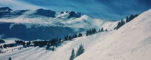 Preview wallpaper mountains, snow, winter, top, conifer