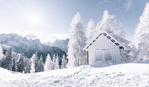 Preview wallpaper mountains, snow, winter, building, trees