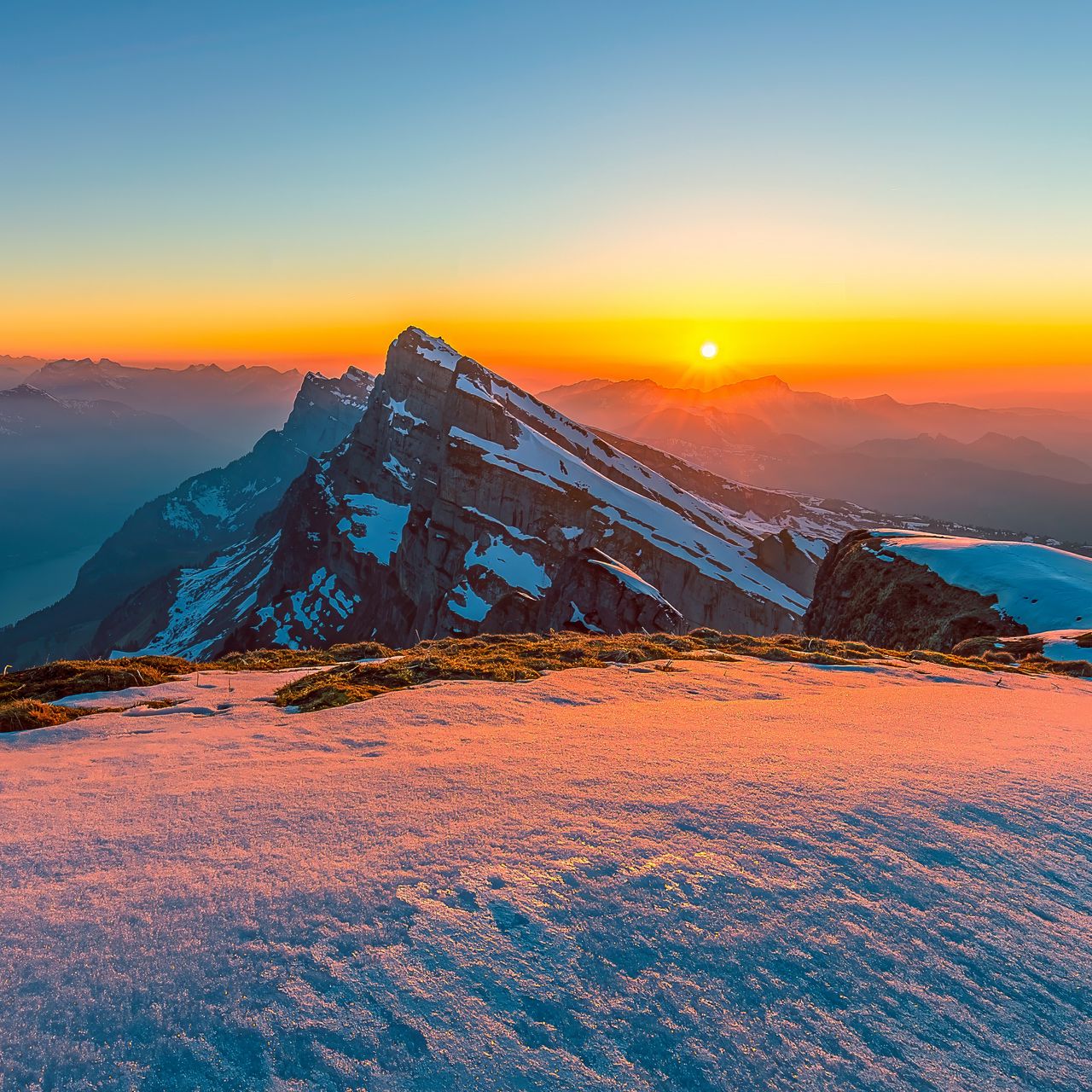 1280x1280 Wallpaper mountains, snow, winter, landscape, sunrise, nature