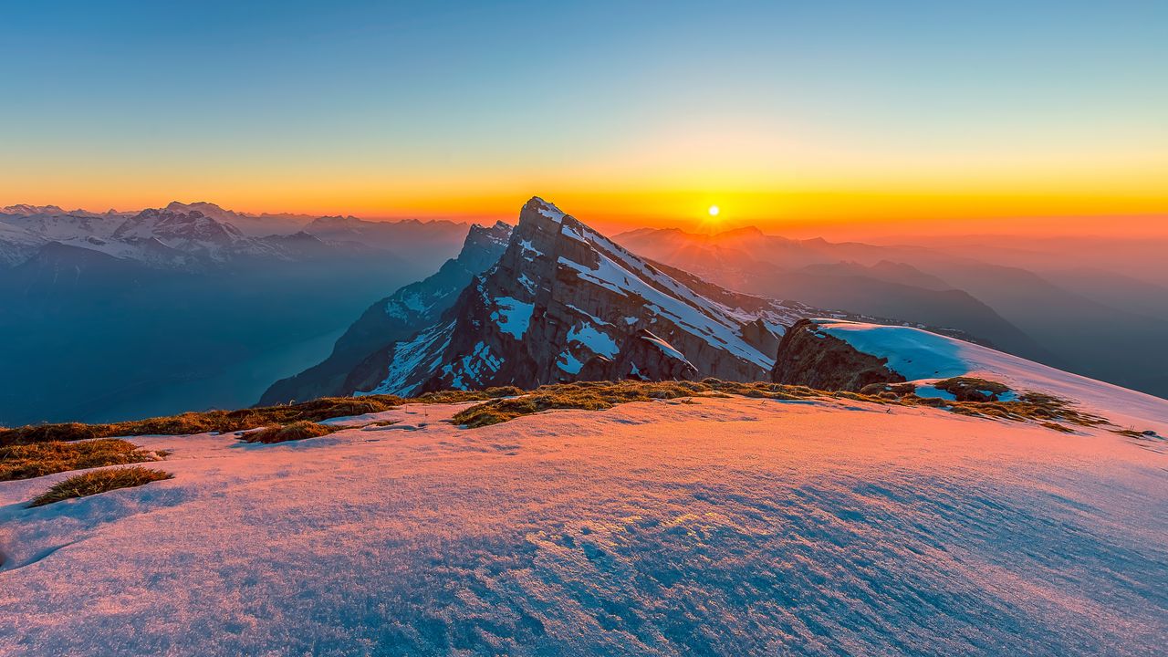 Wallpaper mountains, snow, winter, landscape, sunrise, nature