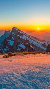 Preview wallpaper mountains, snow, winter, landscape, sunrise, nature