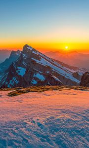 Preview wallpaper mountains, snow, winter, landscape, sunrise, nature