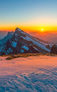 Preview wallpaper mountains, snow, winter, landscape, sunrise, nature