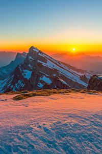 Preview wallpaper mountains, snow, winter, landscape, sunrise, nature