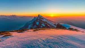 Preview wallpaper mountains, snow, winter, landscape, sunrise, nature