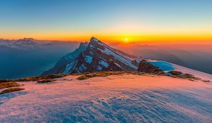 Preview wallpaper mountains, snow, winter, landscape, sunrise, nature