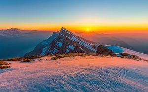 Preview wallpaper mountains, snow, winter, landscape, sunrise, nature