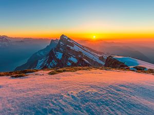 Preview wallpaper mountains, snow, winter, landscape, sunrise, nature