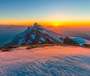 Preview wallpaper mountains, snow, winter, landscape, sunrise, nature