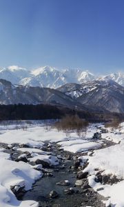 Preview wallpaper mountains, snow, winter, stream, landscape
