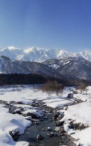 Preview wallpaper mountains, snow, winter, stream, landscape