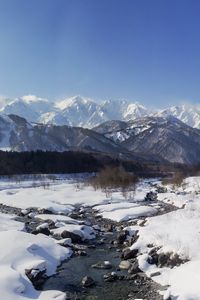 Preview wallpaper mountains, snow, winter, stream, landscape