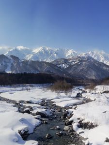 Preview wallpaper mountains, snow, winter, stream, landscape
