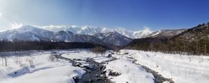 Preview wallpaper mountains, snow, winter, stream, landscape