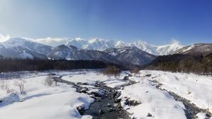 Preview wallpaper mountains, snow, winter, stream, landscape