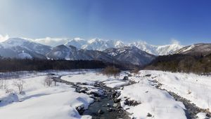 Preview wallpaper mountains, snow, winter, stream, landscape