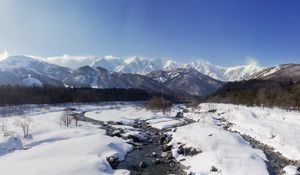 Preview wallpaper mountains, snow, winter, stream, landscape