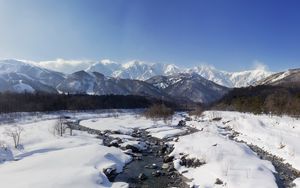 Preview wallpaper mountains, snow, winter, stream, landscape