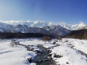 Preview wallpaper mountains, snow, winter, stream, landscape