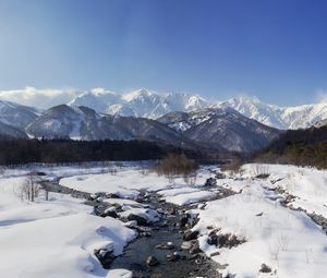 Preview wallpaper mountains, snow, winter, stream, landscape