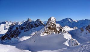 Preview wallpaper mountains, snow, winter, road, traces