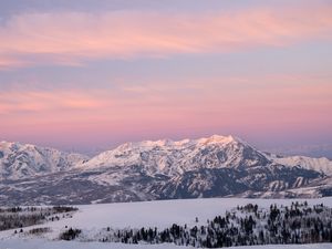 Preview wallpaper mountains, snow, winter, valley, trees, nature