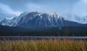 Preview wallpaper mountains, snowy, grass, road