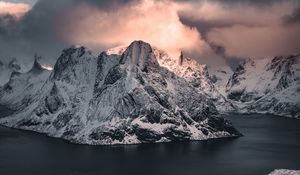 Preview wallpaper mountains, snowy, lake, road