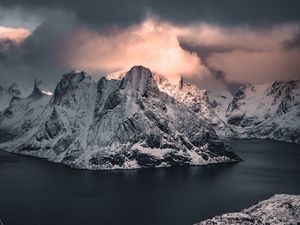 Preview wallpaper mountains, snowy, lake, road